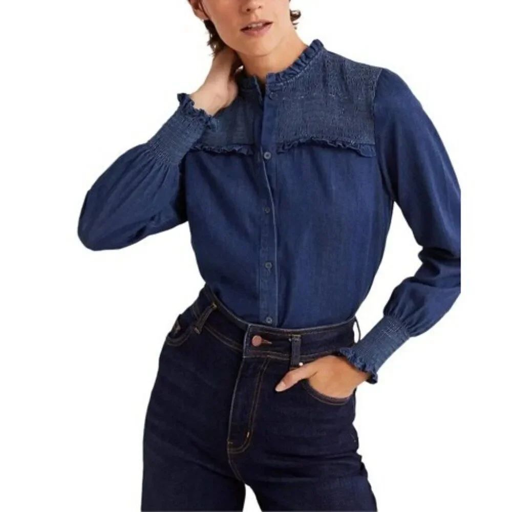 Boden Womens Denim Shirt UK 14 US 10 Button Up Blue Smocked High Neck T1010 NWT